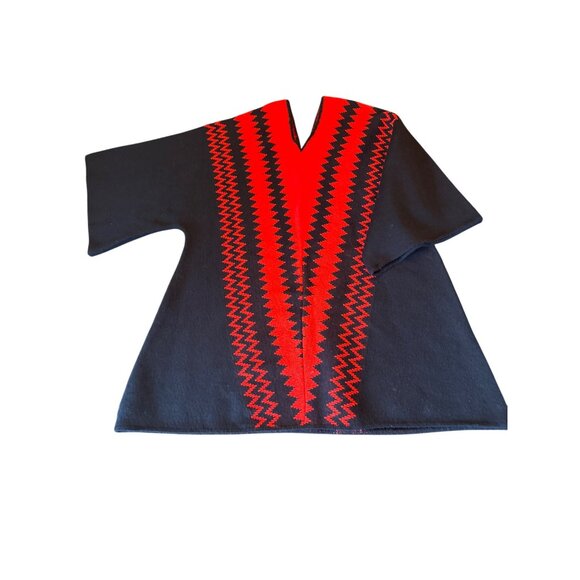 Vintage 80s Milbank Red & Black Chevron V-Neck Poncho Acrylic Blend One Size - Picture 4 of 5
